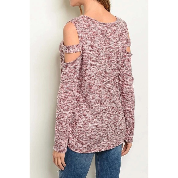 Burgundy Cold Shoulder Long Sleeve Top - Picture 2 of 5